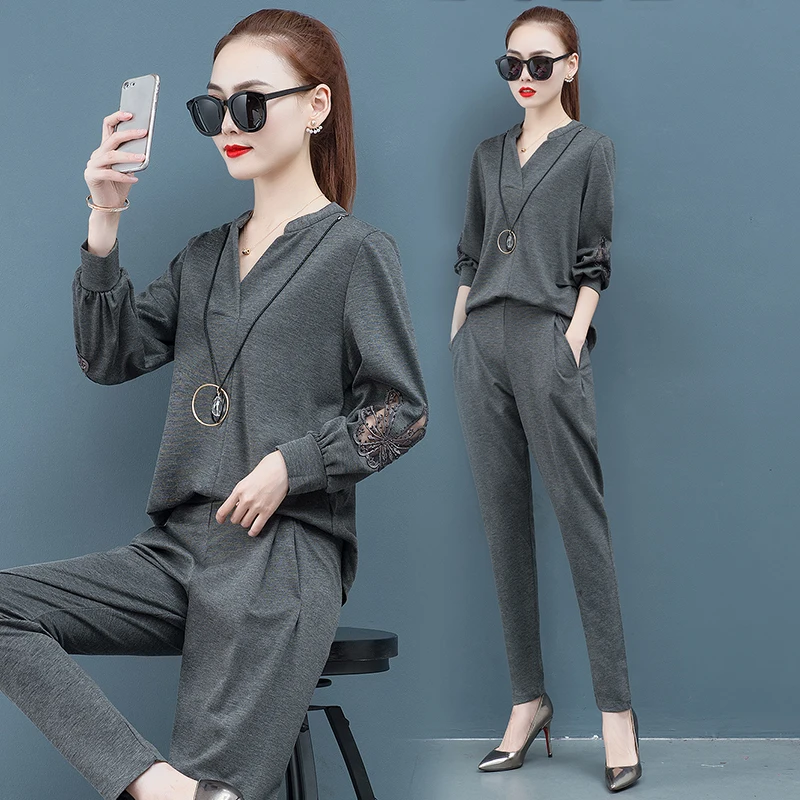 

Korea Fashion Women Hoodies Sweatshirt Pants Casual Outfit Royal Sister Suits Ladies Leisure Trousers New Two-Piece Clothing Set