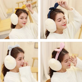 

2019 Solid Women Bow Warm Winter Earmuffs Suede Faux Fur Hamburger Ear Warmer Plush Headgear fur headphones ear muffs
