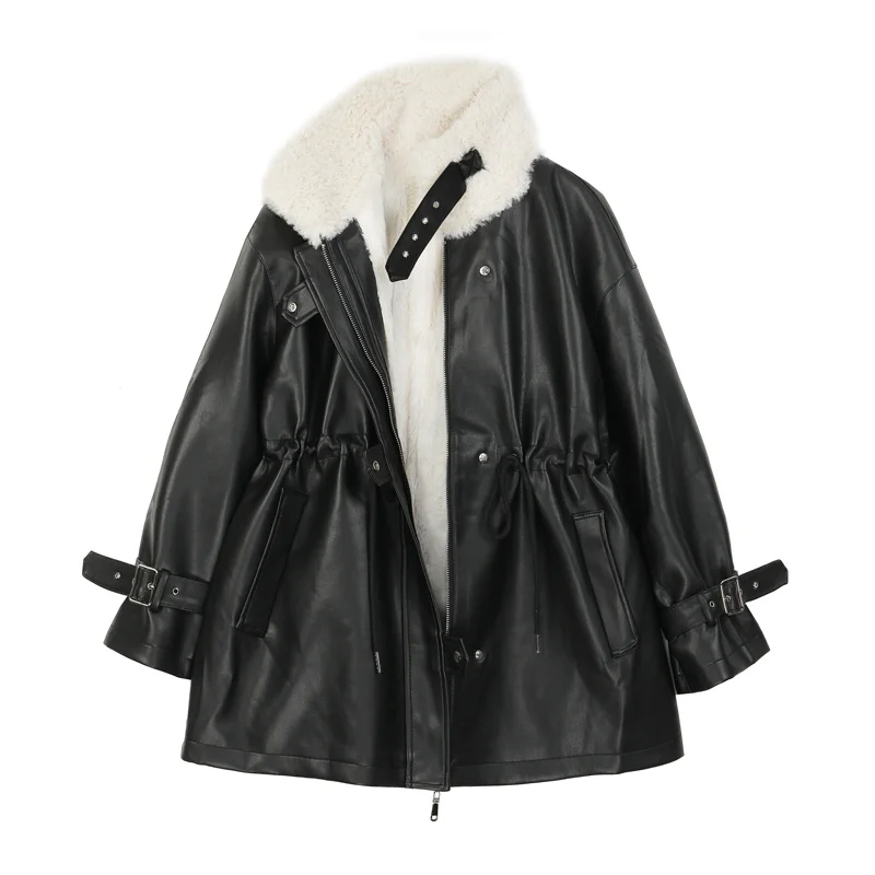 

Faux Fur Coat Women Leather Jacket Autumn Winter Warm Plush Thick Suede Outerwear Lambs Wool Short Motorcycle Coats Female