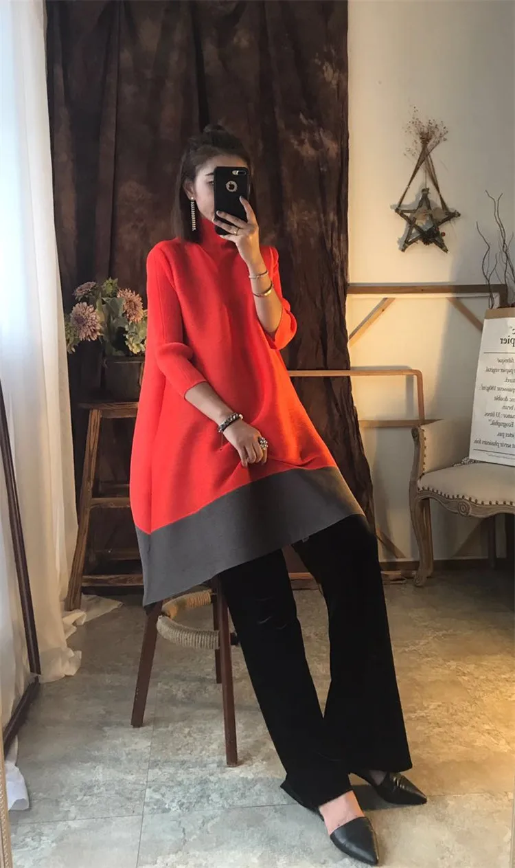 Pleated new early autumn Korean large women's temperament 7-sleeve A-line dress women's medium length