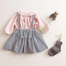 Детская одежда; сезон осень-весна; модное платье в полоску на бретелях для девочек; рубашка с лацканами; комплект одежды для малышей