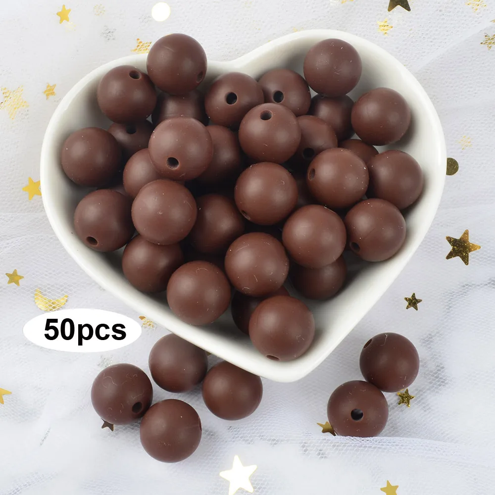 chocolate LOFCA 12 мм 50 шт./лот Силиконовые бусы для прорезывания зубов Ожерелье Детские Прорезыватели игрушки СИЛИКОНОВЫЕ BPA бесплатно жевательные подвески для новорожденных аксессуары для кормления - Цвет: chocolate