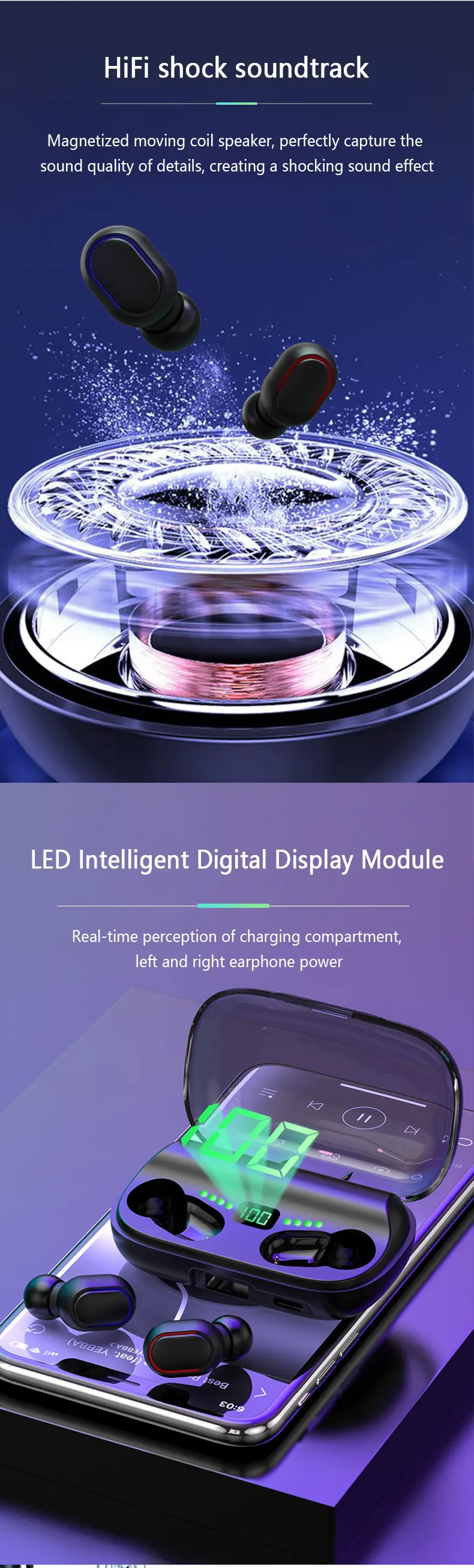 Caridite New Trending Instagram LED Bluetooth Earphone with Charging Phone Portable Digtial Wireless Headset Bluetooth Earbuds