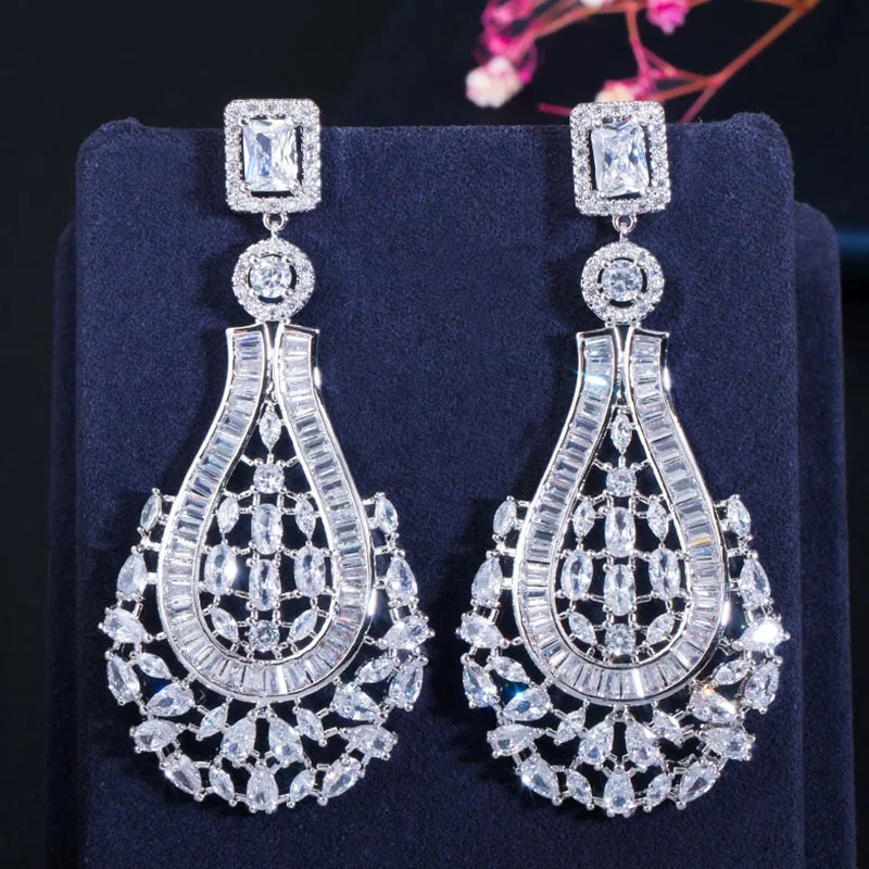 Pera Elegant Sparkling White Cubic Zirconia Large Long Geometry Drop Dangle Earrings for Ladies Party Earing Jewelry E578