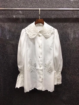 

2020 Early Autumn New Women's Large Lapel Water Soluble Hollow Embroidery Decorative Solid Color Long-Sleeved Shirt 822
