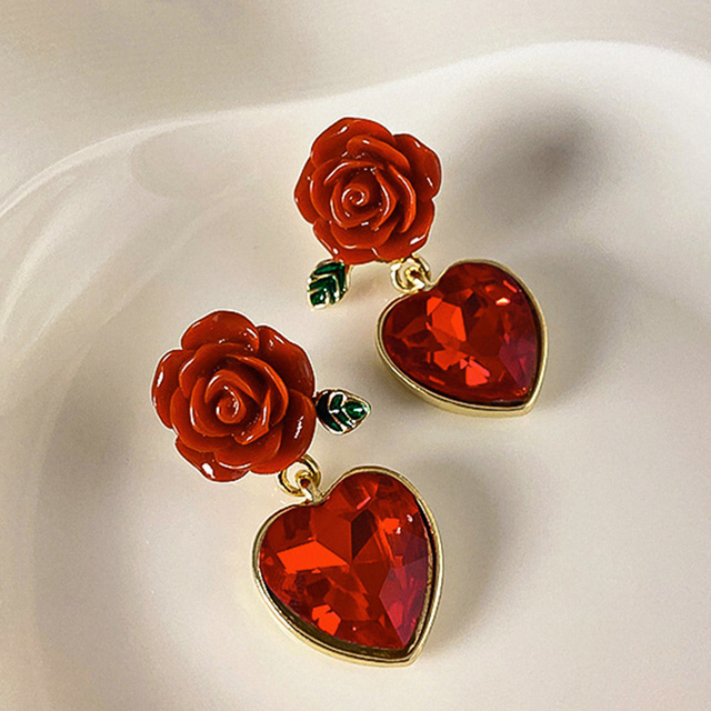 Fashion Jewelry Red Rose Drop Earrings Women Vintage Rhinestone Flowers Dangle Earring Weddings Engagement Party Jewelry