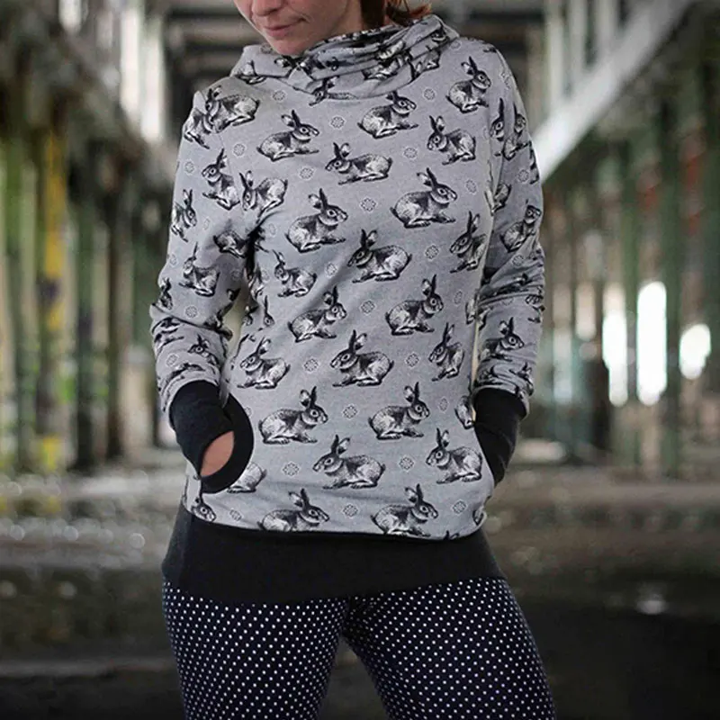 

2020 Women Cartoon Animal Rabbit Printed Gray Hoodie Sweatshirt Vintage Hoodies Long Sleeve Pullover Hoodies With Hooded