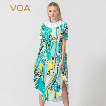 

VOA print 33 mmi double-sided knitted bump stitched clear line decorative folds lotus leaf short-sleeved silk dress A10707