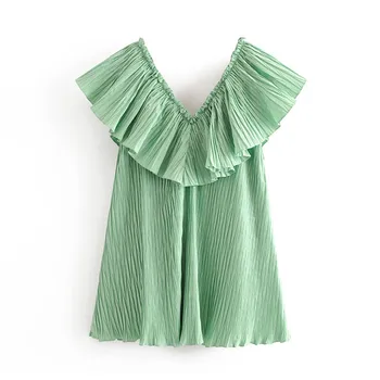 

Stylish Sweet Pleated Ruffles Mini Dress Sexy V neck sleeveless female Dress Casual Summer Solid Dresses Vestidos Mujer