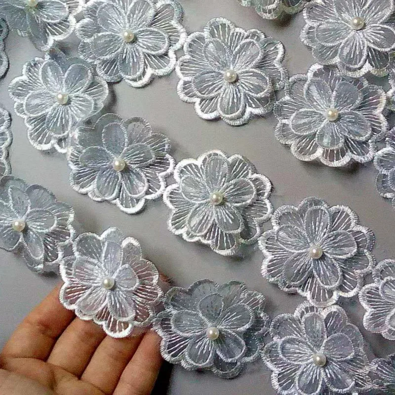 2 ярда синий 5 см жемчужный цветок DIY растворимые Свадебные Кружева отделка