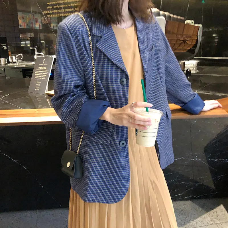 HziriP Blue Plaid Elegant Feminine All Match New Design Slender Autumn Office Lady Women High Street Loose Split Blazers