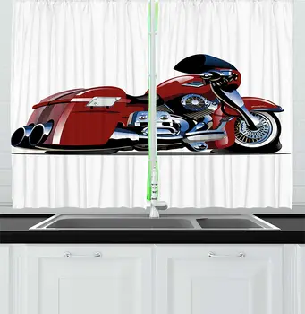

Red Kitchen Window Curtains Cartoon Style Motorcycle Bike Illustration on The White Background Design Print Window for Kitchen