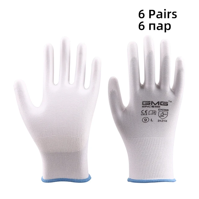 6 Pairs Work Gloves CE EN388 Red Polyester Black PU Mechanic Working Anti-static Gloves For Work Safety Glove For Women Men White