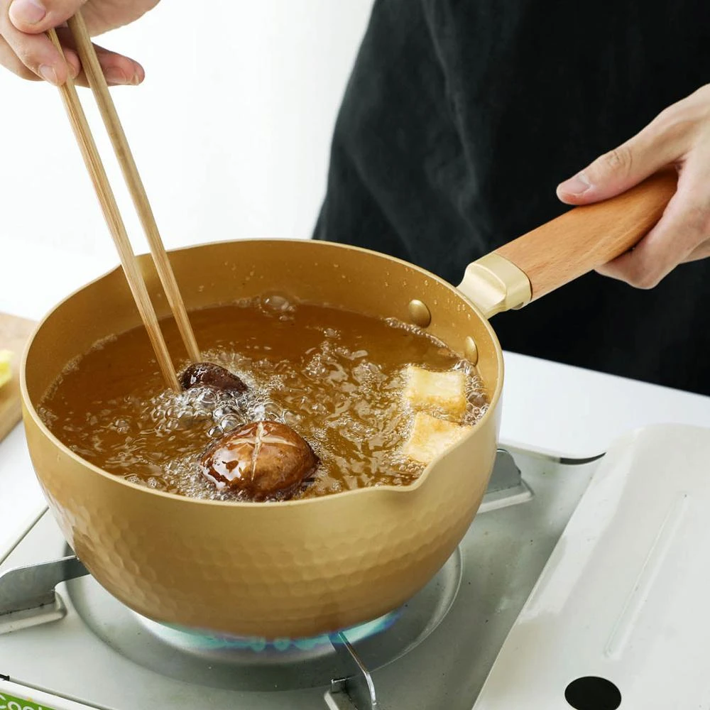 Cooking Pan 1L Kitchen Cook Pot Stew Pan with Wooden Handle for Soup Noodles