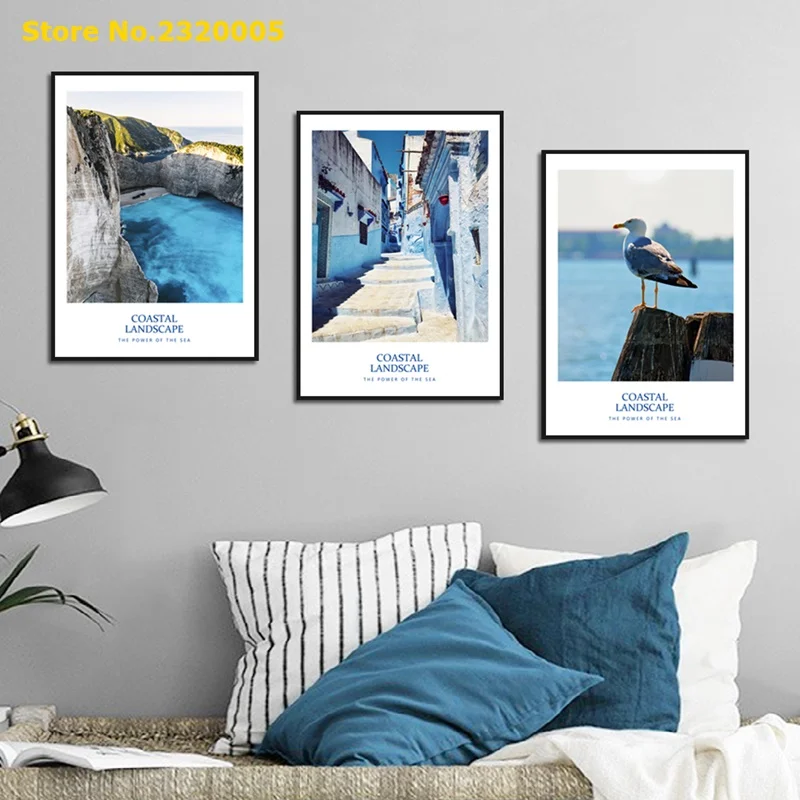 

Nordic Mediterranean Landscape Blue Seascape canyon Painting Style Study Living Room House Decor Wall Art Canvas Prints Sky Blue