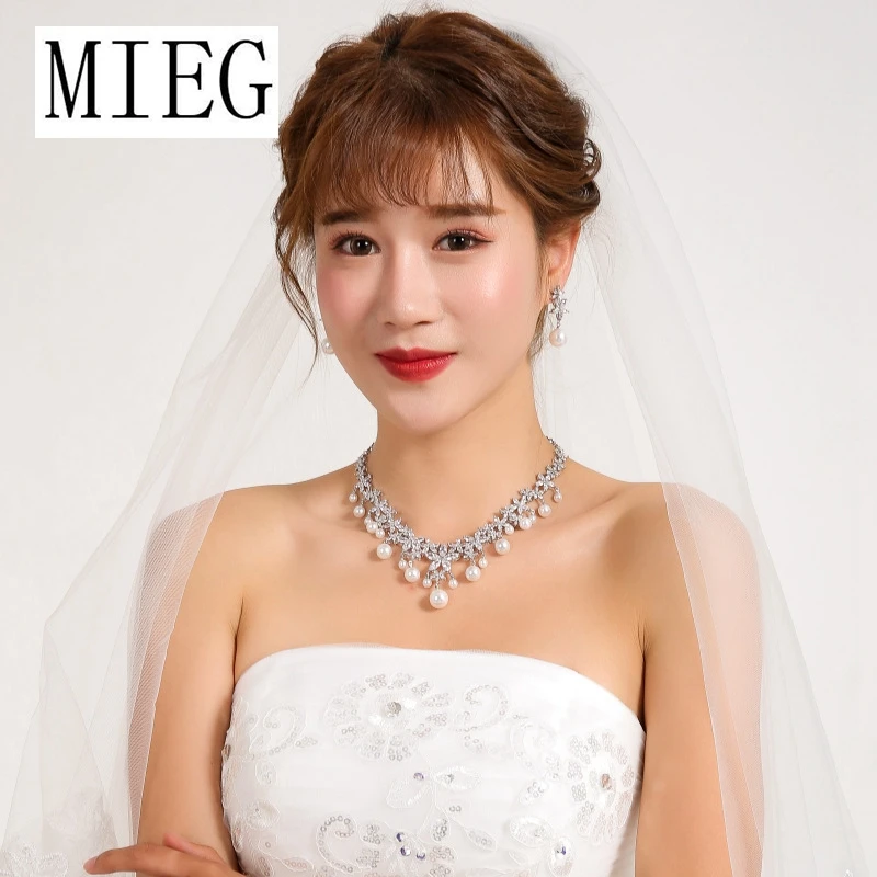 

MIEG Brand Shell Pearl Dropped Necklace and Earring Wedding Bridal Jewelry Set Diamante with Zircon Crystal