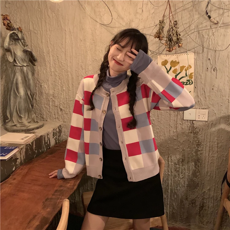 Harajuku Kawaii кардиган женский Универсальный хит цвет плед Женский вязаный кардиган пуговицы сладкий шик корейский свитер осень зима
