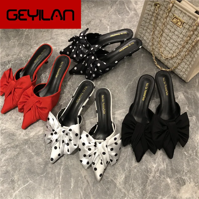 

2020 New Style Spring Women's Korean-style Pointed-Toe Polka Dot Bow Thin Heeled Semi-high Heeled Dotted Slipper
