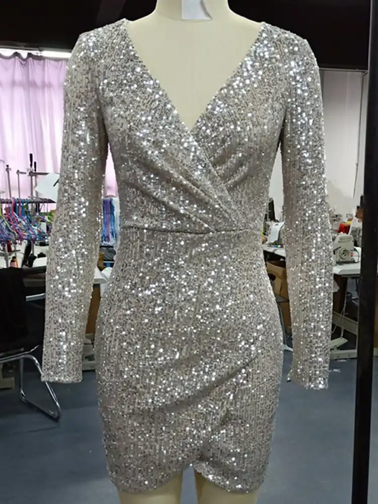 wrap ruched sequin dress