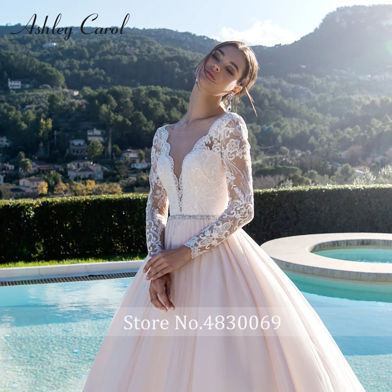 Свадебное платье А-силуэта с аппликацией Ashley Carol,, волнистое, с длинным рукавом, с открытой спиной, со шлейфом, роскошное свадебное платье, Vestido de Noiva