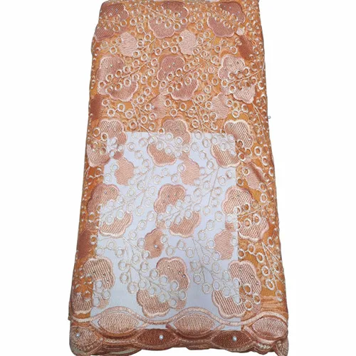 Новая африканская вышитая бисером кружевная ткань французский тюль вуаль кружевная ткань с жемчугом нигерийская кружевная ткань для свадебной вечеринки - Цвет: orange
