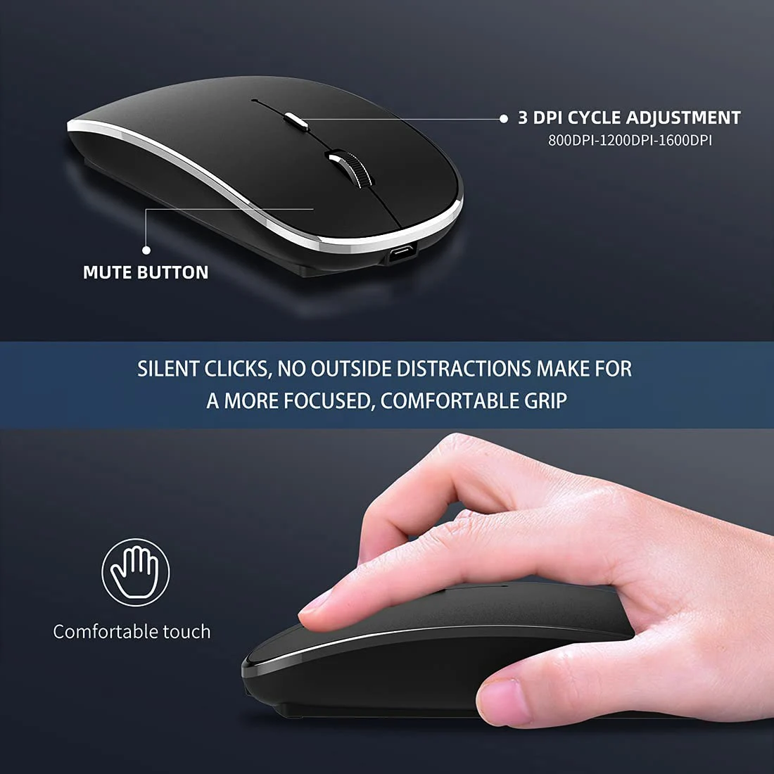 Wireless Mouse Wireless Mouse Chargeable Portable Silent USB and Type-C Dual Mode Mouse 3 Adjustable DPI Laptop Mac MacBook Android PC