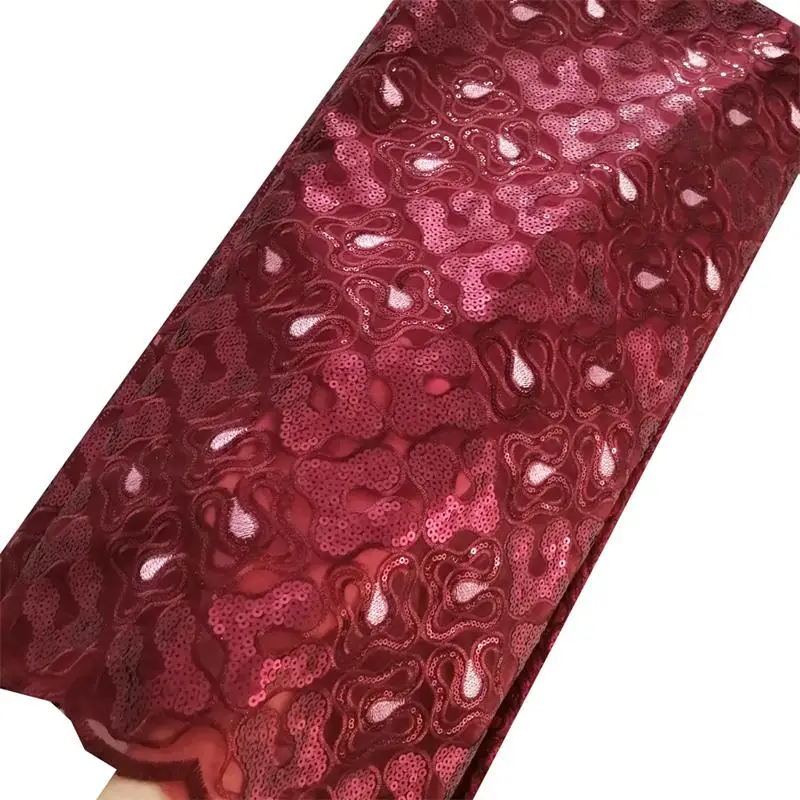 

Gorgeous Wine Nigerian Lace Fabric Sequins Net Lace Evening Dress Fabrics Hot Sale Women African Fabrics