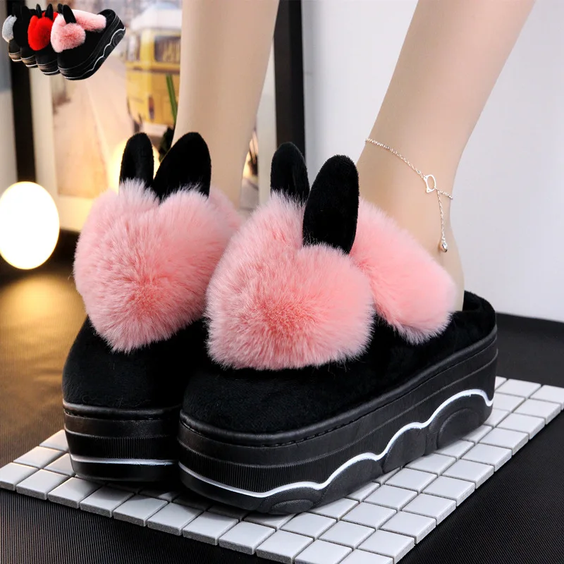 

Winter Cotton Slippers Women's Thick Bottomed Heart Fluffy Shoes High-Heel Warm Velvet Slipper Household Indoor Anti-slip