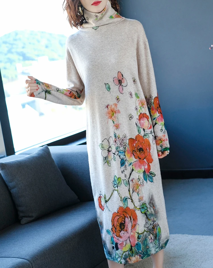Fall Winter Vintage Women Turtleneck Long Sleeve Loose Floral Printed Cashmere Sweater Dress Woman Knitted Sweaters Dresses