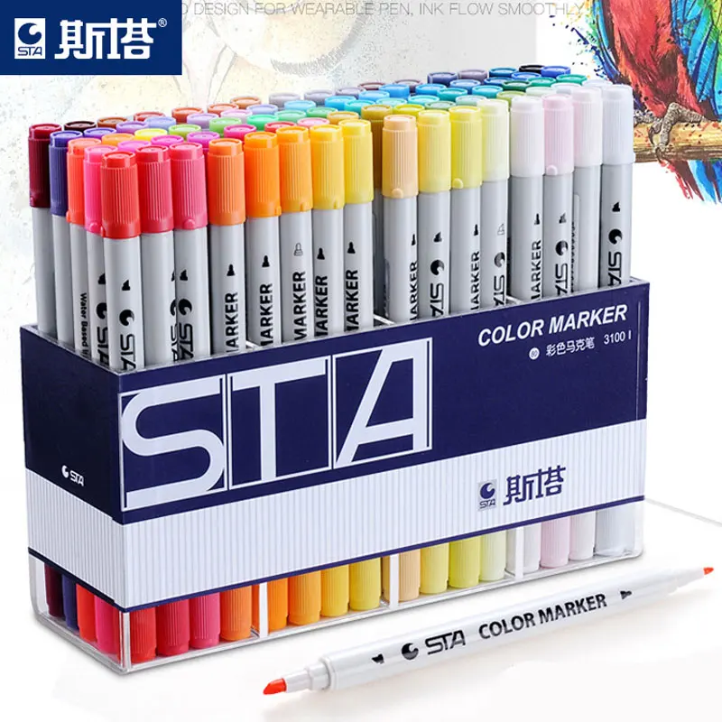 STA24/36/48/80 Color Artist Watercolor Marker Pen Double-headed Comic Hook Line Pen Art Painting Paint Soft Brush Art Stationery