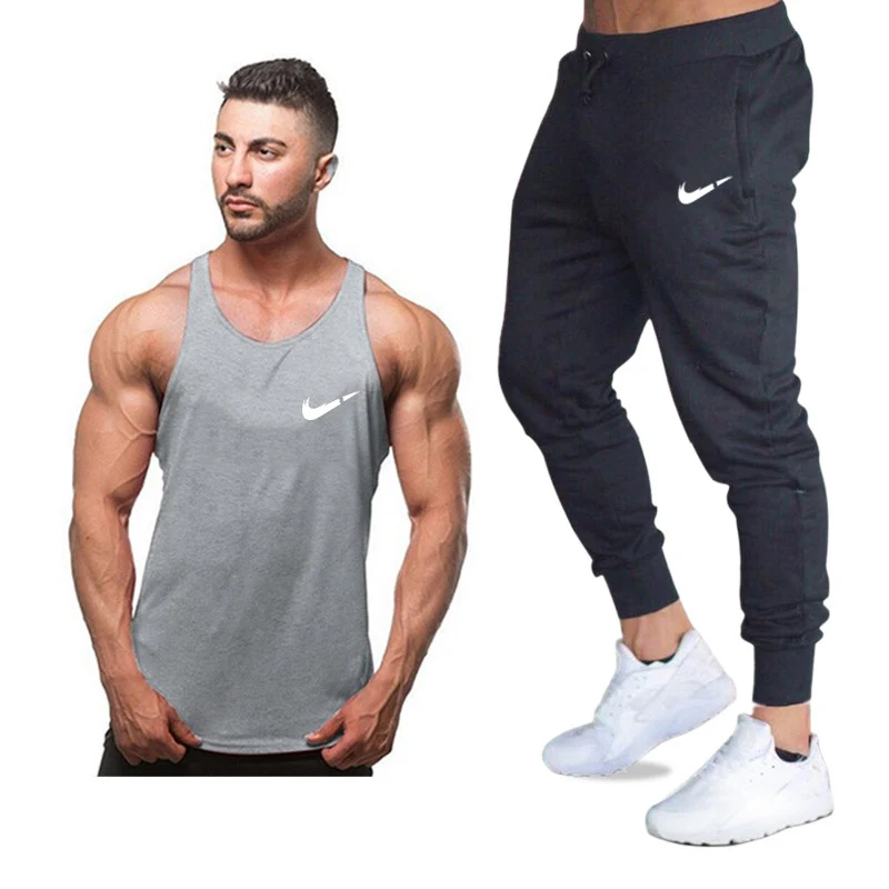 

New fashion cotton sleeveless shirts tank top+Pants men Fitness shirt mens singlet Bodybuilding workout gyms vest fitness Sets