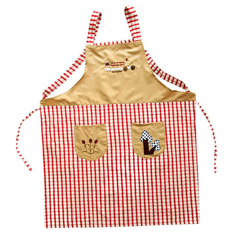 2x Classical Embroidery Apron Plaid Women Bowknot Kitchen Chef Apron Dress with Pocket Gifts Shoulder Strap Style Red& Gray
