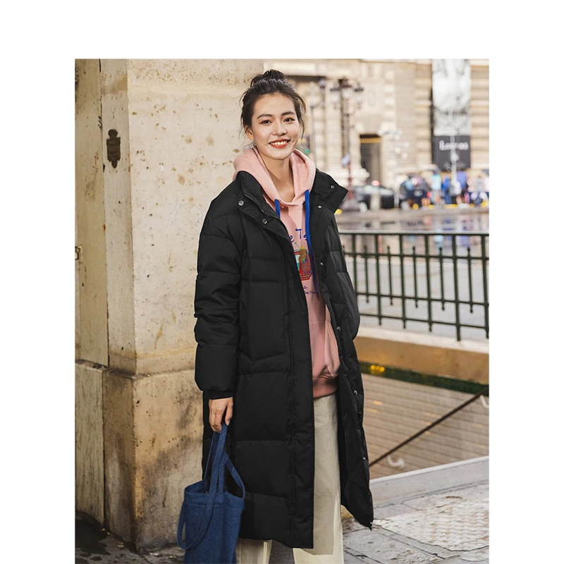 

INMAN Winter Solid Color Stand Collar Off Shoulder Folded Sleeve Cut Women Long Down Outerwear Warm Coat