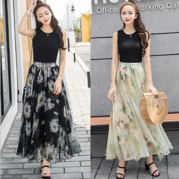 

Large size Women Flower Long Skirt Summer Beach Sunny Female Skirts Floral Chiffon Tutu Skirt Jupe femme 2020 womens tulle skirt