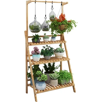 

Bamboo Plant Stand Flower Pot Display Multi-layer Shelf with Hanging Rod Pants Rack/Holder/Organizer
