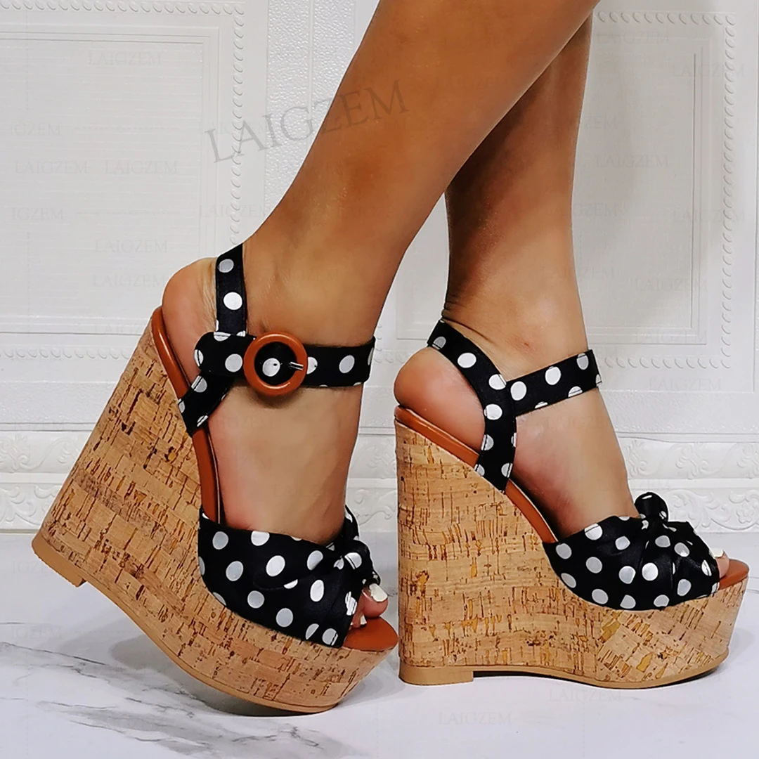 

SEIIHEM Women Platform Wedges Pumps Polka Dots Open Toe Sandals Ankle Strap Cork Print Ladies Shoes Woman Big Size 41 44 47 52