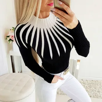 

Autumn Winter High Collar Sweaters Long-Sleeved Strped Pullovers Women Slim Bottom Sweater