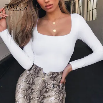 

FSDA Suqare Neck Casual Long Sleeve T Shirt Women Sexy Top Black White Autumn Spring Summer Red Tee Basic Ladies Shirt Top
