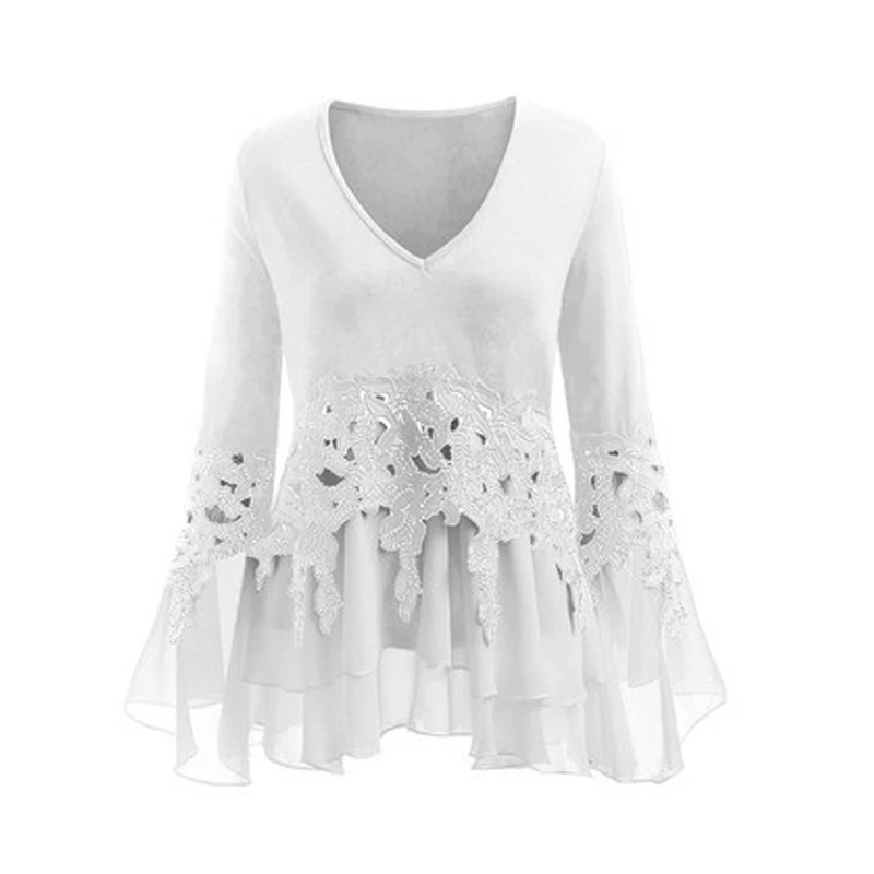 Белый Весенне-летняя футболка, модная сексуальная шифоновая Кружевная футболка с v-образным вырезом в стиле пэчворк, Женские винтажные топы размера плюс, ropa mujer - Цвет: Белый