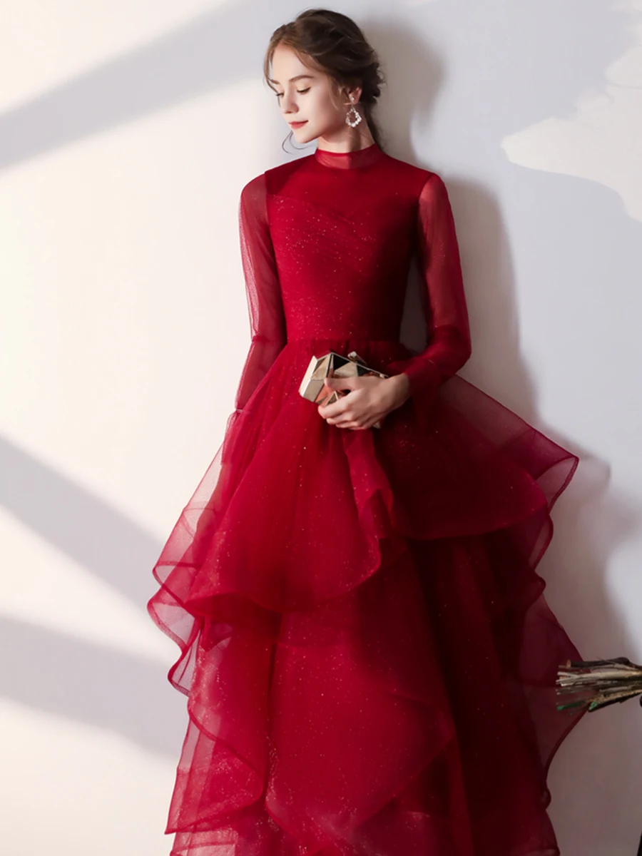 Yiiya вечерние платья бордового цвета размера плюс вечернее платье с длинным рукавом E1439 элегантное Многоуровневое платье с подолом
