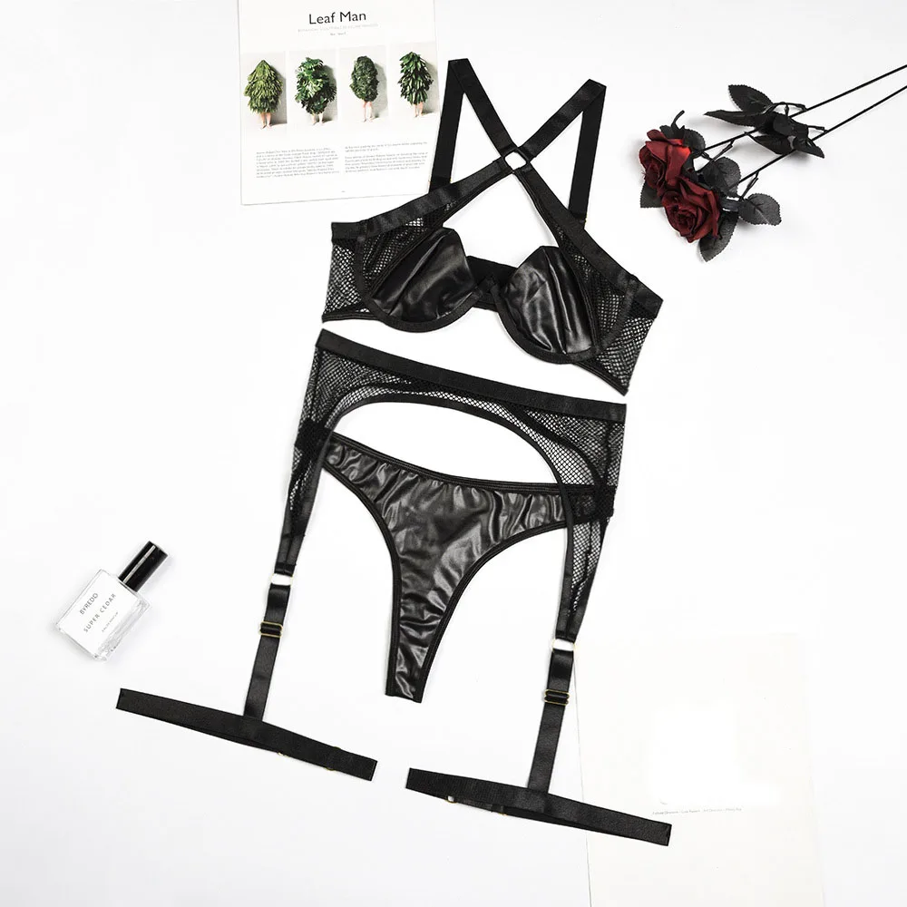 

2022 Sexy Leather Lingerie Women's Underwear 3 Piece Set Hollow Out Splicing Bra Set Erotic Sensual Bodydoll Brief Panty Suits