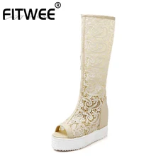 JOJONUNU/размеры 34-43; винтажные женские кружевные летние сапоги на танкетке; обувь до колена; обувь на платформе в стиле пэчворк с цветочным узором; пикантная женская обувь