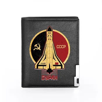 

Classic Vintage Soviet Space Force Printing Leather Wallet Men Bifold Credit Card Holder Short Purse Male