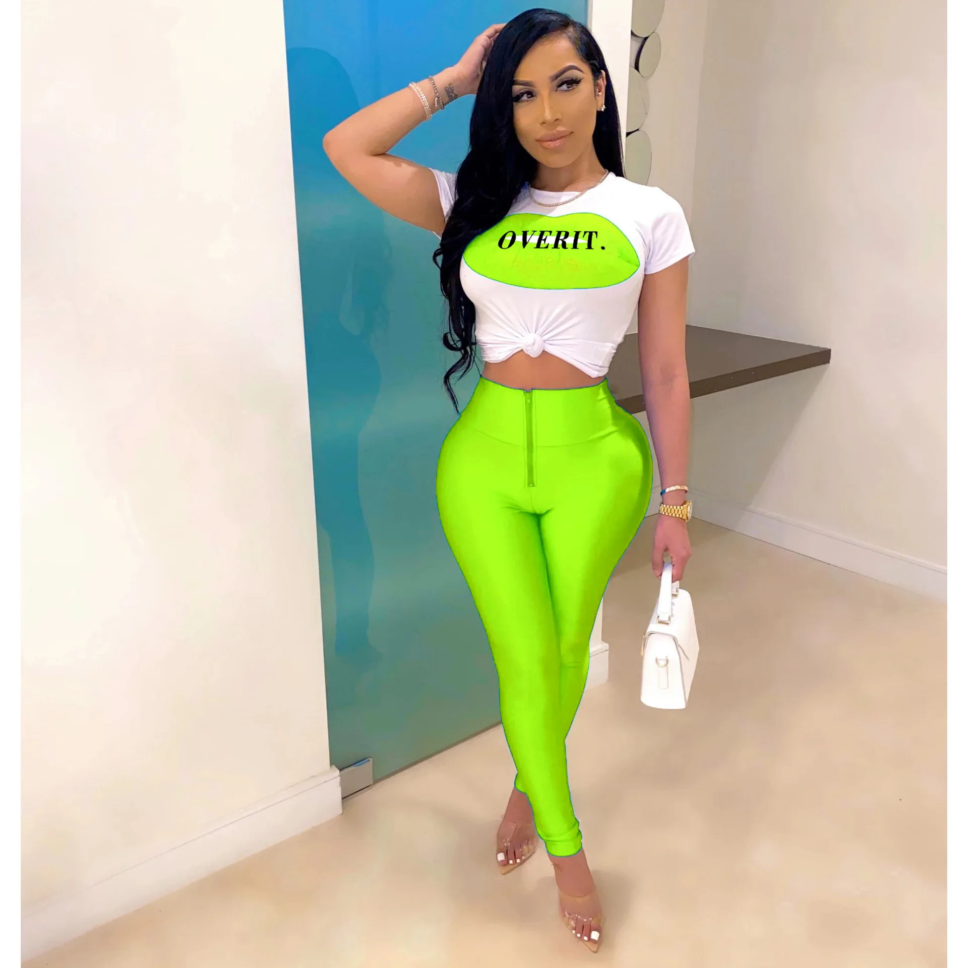 

Letter Print Bodycon Tracksuit Women Short Sleeve Crop Top+Pant Sweat Suits Two Pieces Set Party Club Outfits Matching Sets
