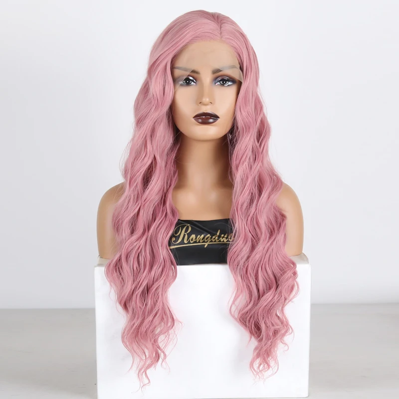 

RONGDUOYI Body Wave Synthetic Lace Front Wigs for Women Long Pink Wig Heat Resistant Fiber Glueless Cosplay Wigs with Side Part