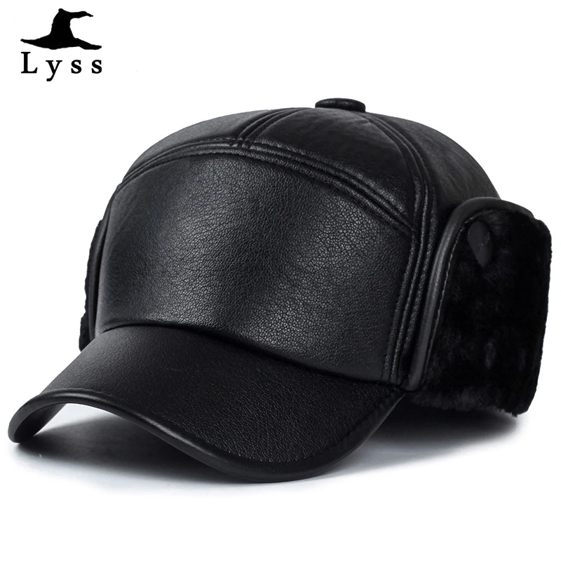 

Winter pu leather Suede Bomber Hat outdoor Man Thick Head Dome Caps Elder protect ear Keep warm cap dad Earmuffs hat Black/Brown