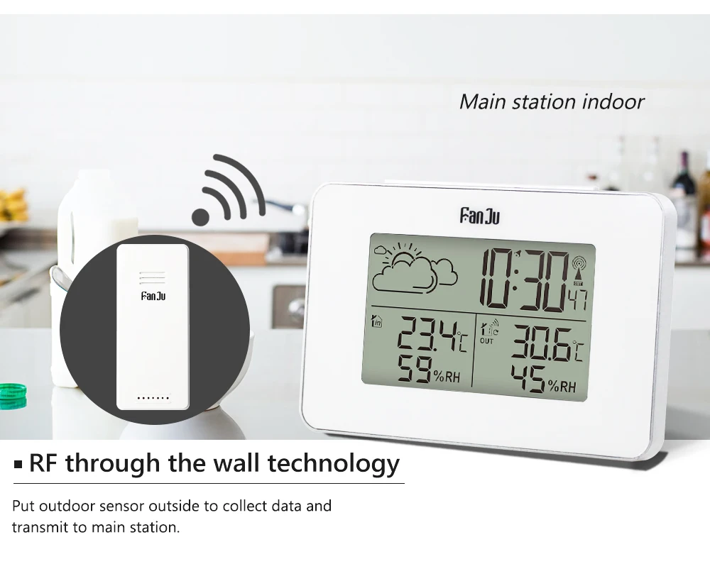 FanJu, ЖК-цифровой будильник, метеостанция, беспроводной датчик, гигрометр, термометр, электронное время, настольные часы