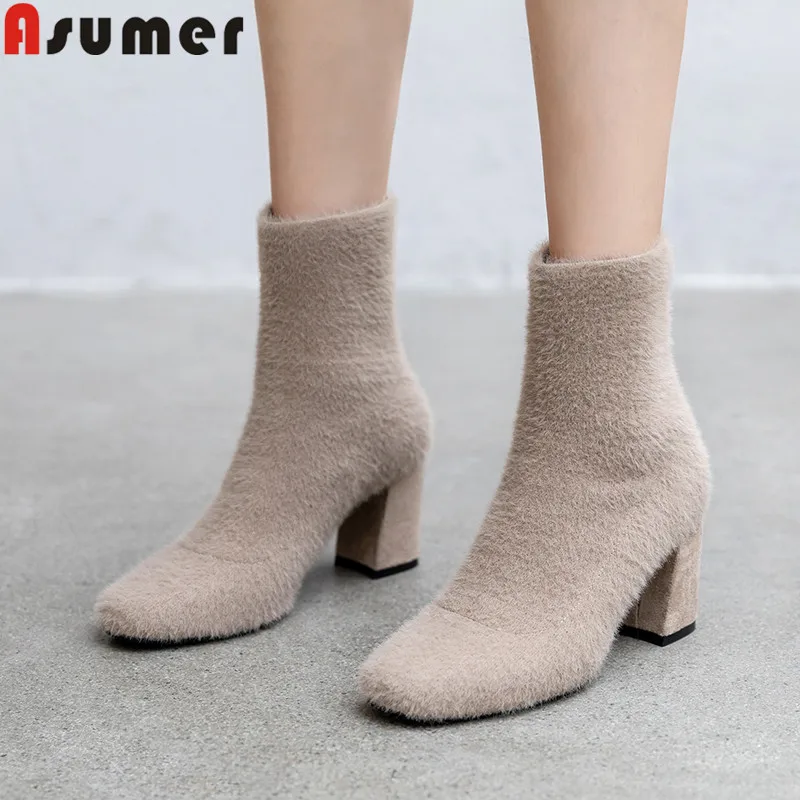 

ASUMER 2020 new ankle boots for women square toe slip on Knitted wool women boots simple high heels prom ladies boots