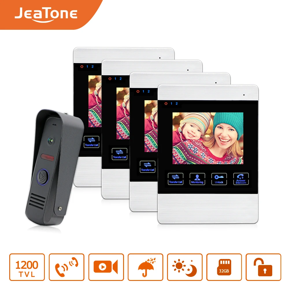 JeaTone 4\ LCD Screen Touch Button Monitor Video Doorbell Intercom System Waterproof IR Night Camera Two-way Intercom Kit 4V1