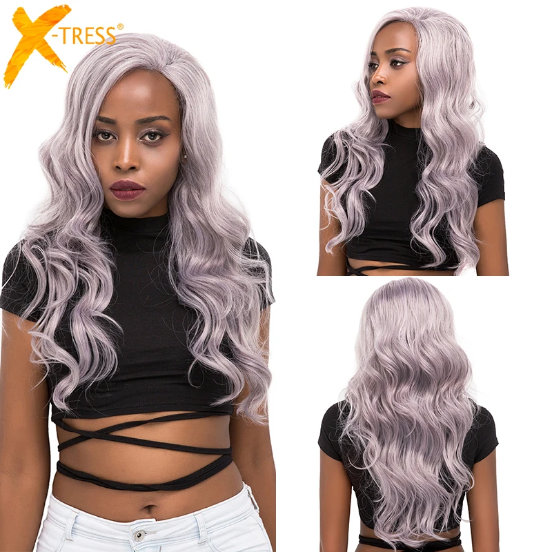 

Silver Platinum Color Lace Front Synthetic Hair Wigs With Baby Hair X-TRESS Long Natural Wave Free/Side Part Lace Wig For Women